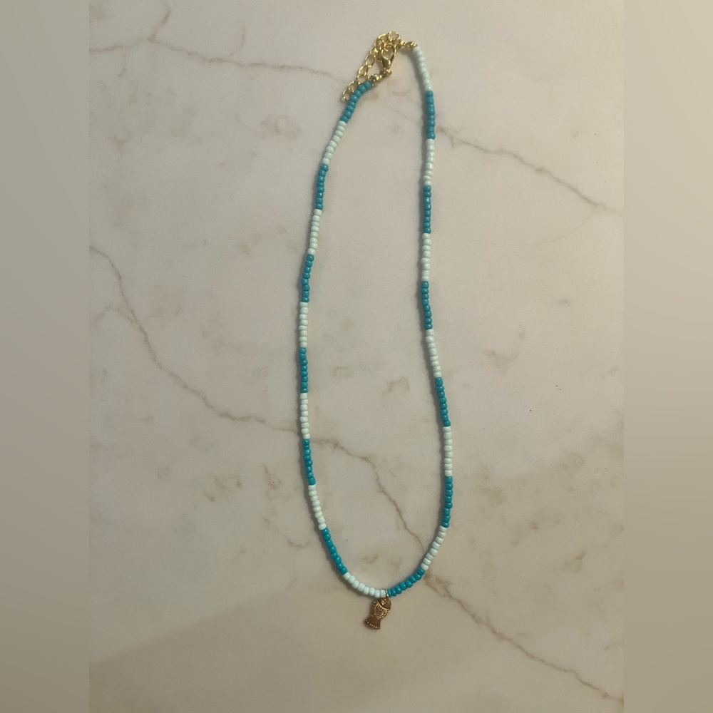 Gold Charm Turquoise Beaded Necklace with fish charm